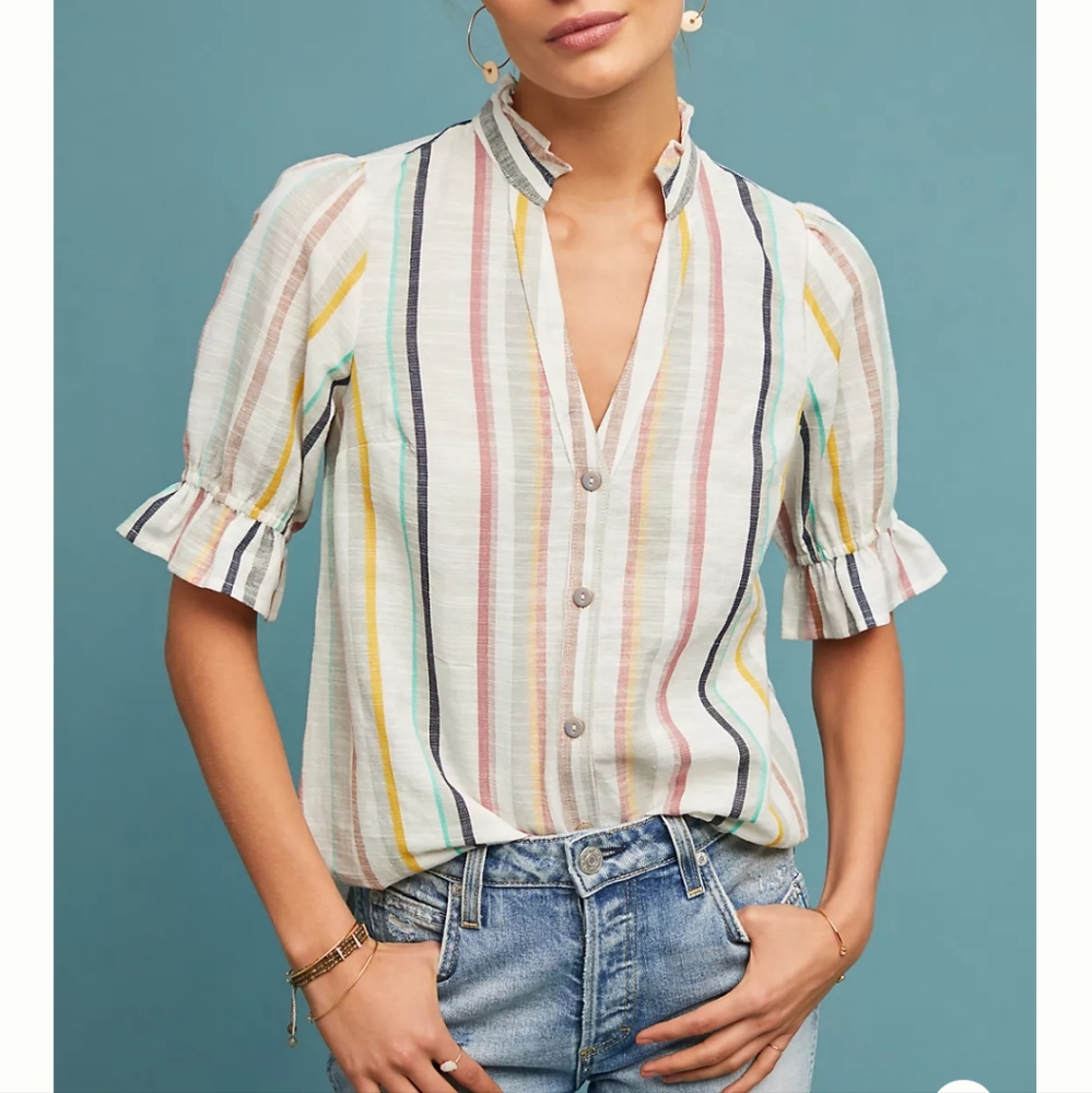 Maeve Anthropologie Ailsa Rayed Top Striped Button Down Blouse Size 0‎ casual